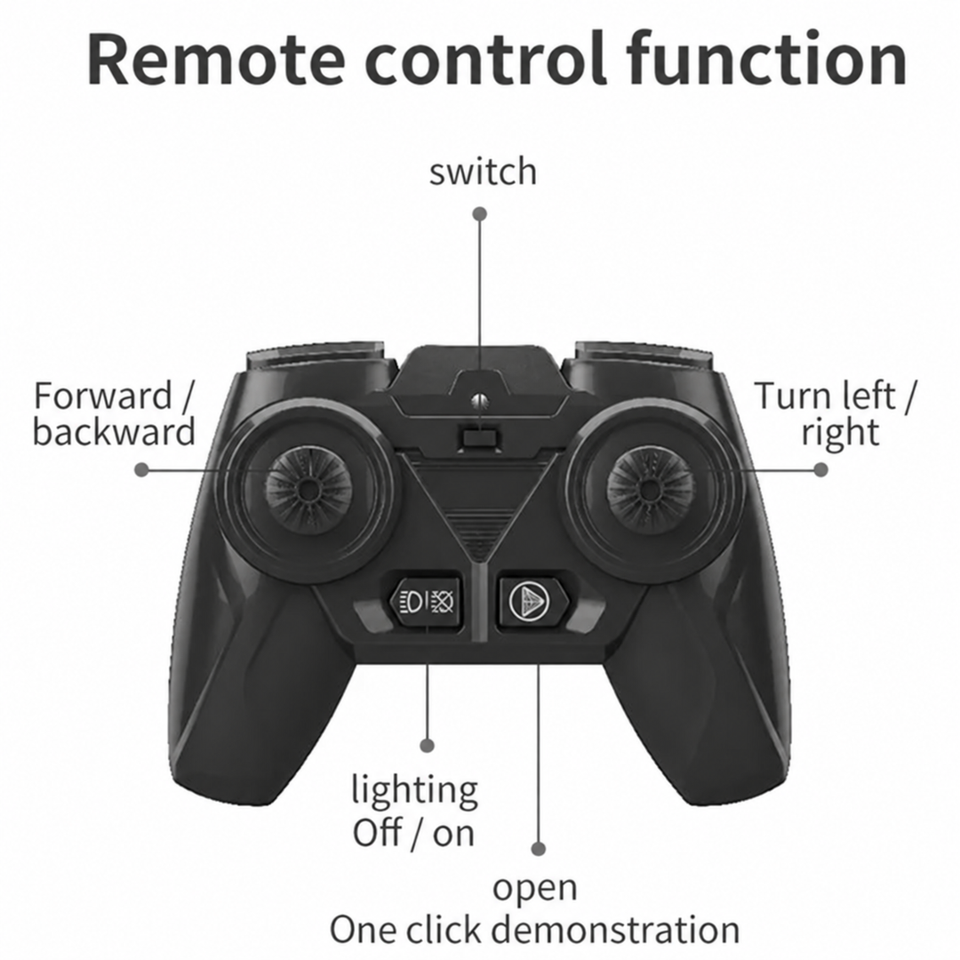 Tractor remote diagram labeling directional controls, light switch, power switch, and demonstration button