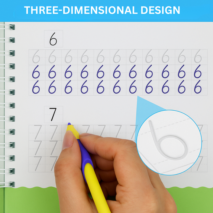 Close-up of number tracing with an inset showing a recessed writing groove