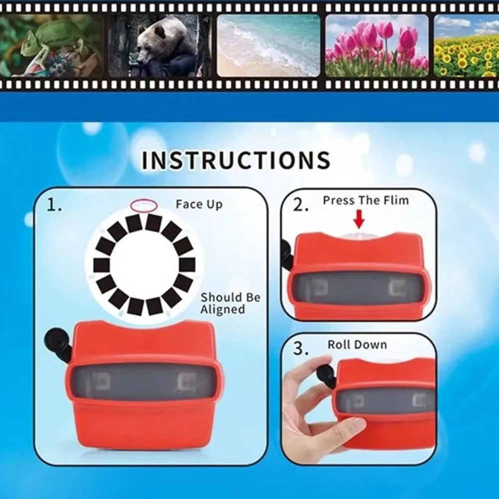 Instructions showing how to insert a picture reel and change scenes on a red 3D viewer
