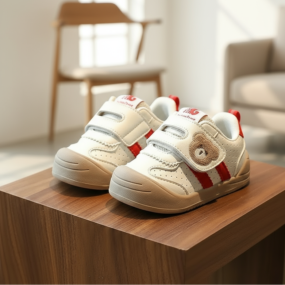 Red-accent bear sneakers with hook-and-loop straps on a wooden cabinet