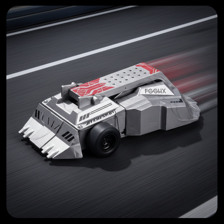 Red-accented armored RC car shown against a roadway background