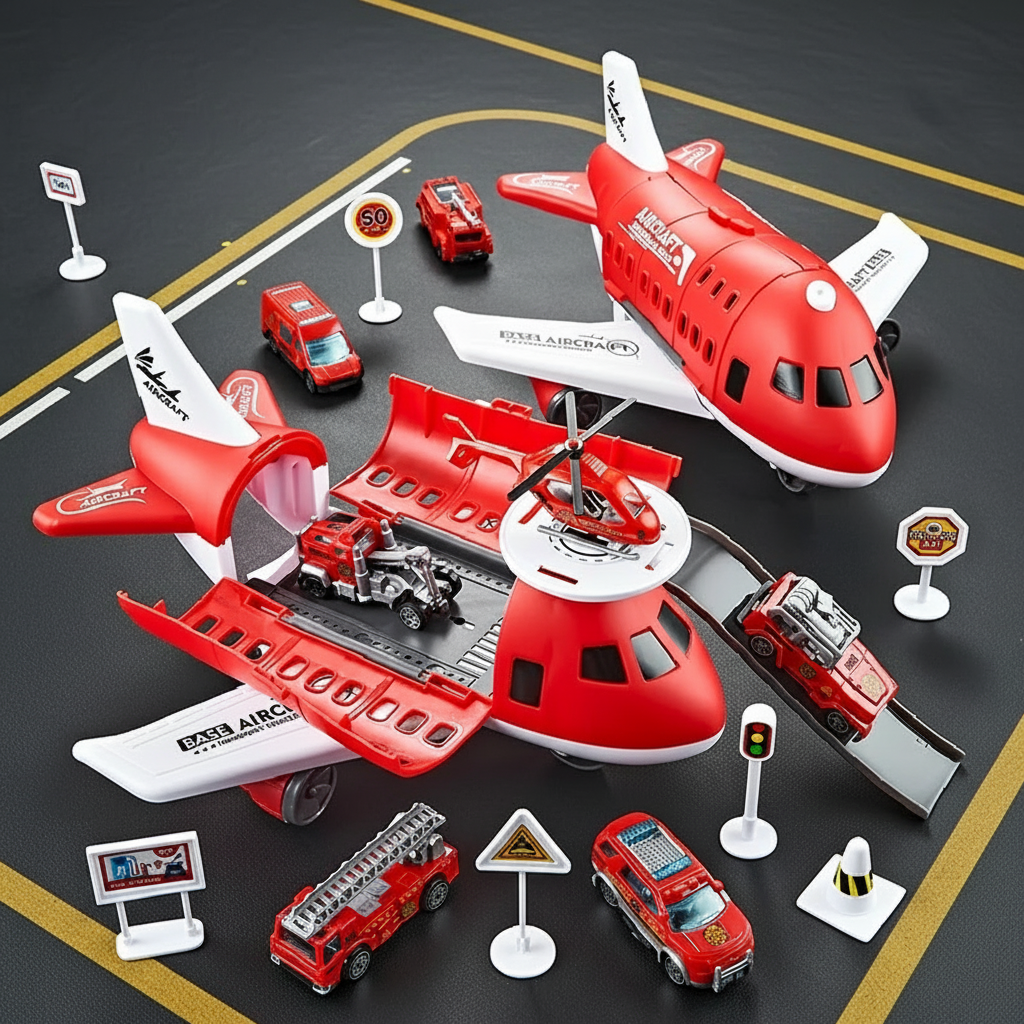 Red airplane play set in open and closed configurations with vehicles, a helicopter, and road signs