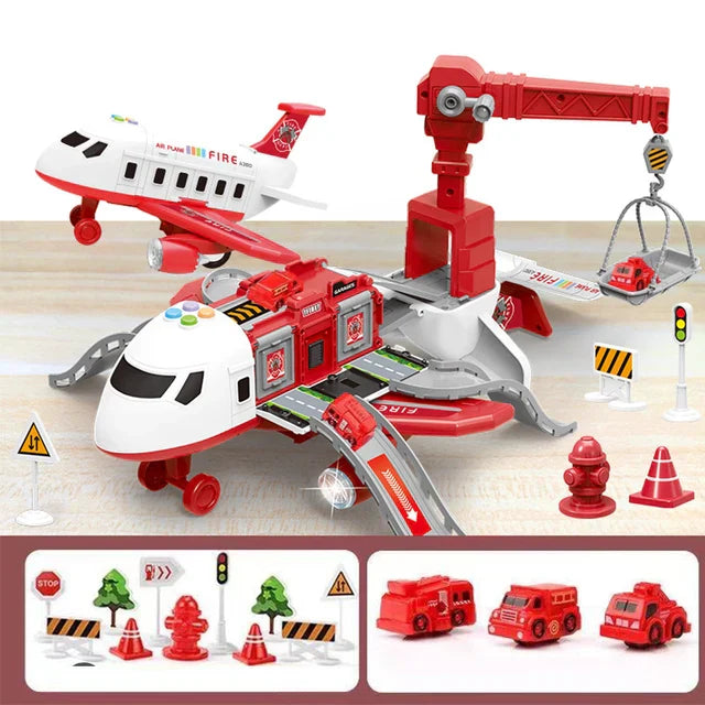 Red airplane playset shown open with a crane, red vehicles, ramps, and traffic accessories.