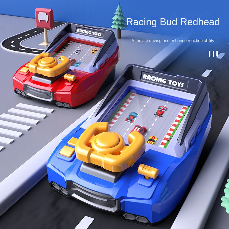 Red and blue car-shaped racing games with yellow steering wheels
