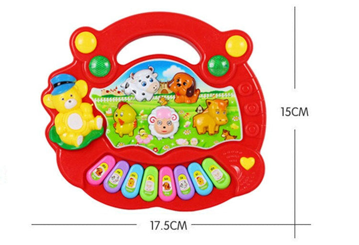 Width and height diagram of the red animal toy piano: 17.5 cm wide and 15 cm high.