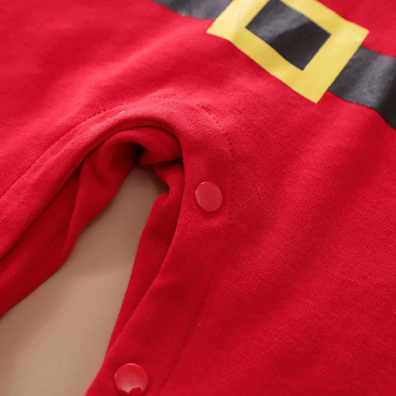 Crotch snap fastenings on the red cotton baby Santa romper