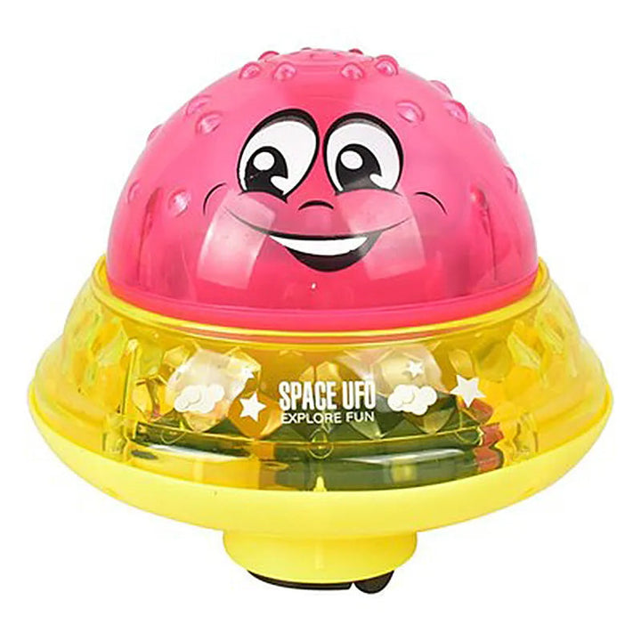 Red smiling bath ball shown on a yellow saucer-shaped base