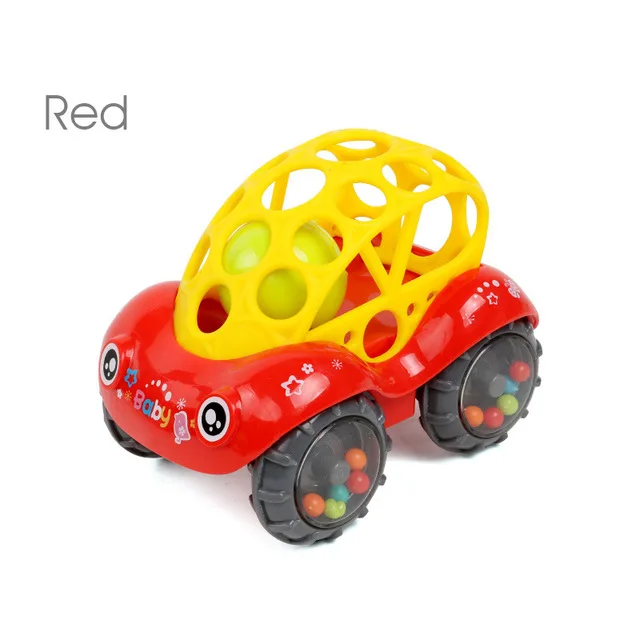 Red toy car with a yellow lattice top and colorful beads visible inside the wheels