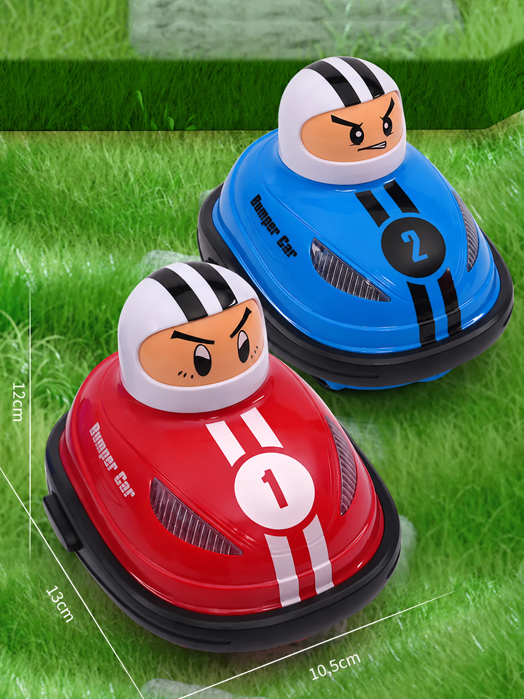 Red and blue RC bumper cars with dimensions marked beside the red car
