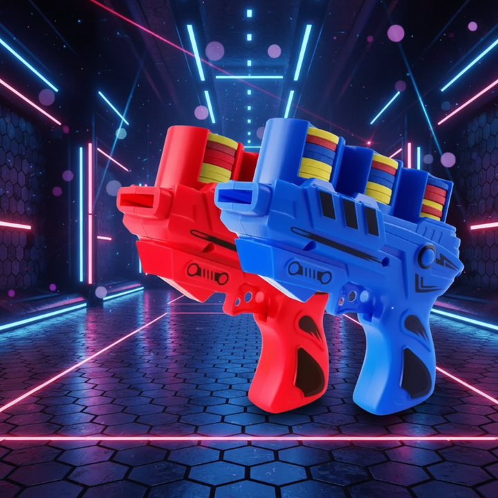 Red and blue foam disc blasters side by side against a neon-style background