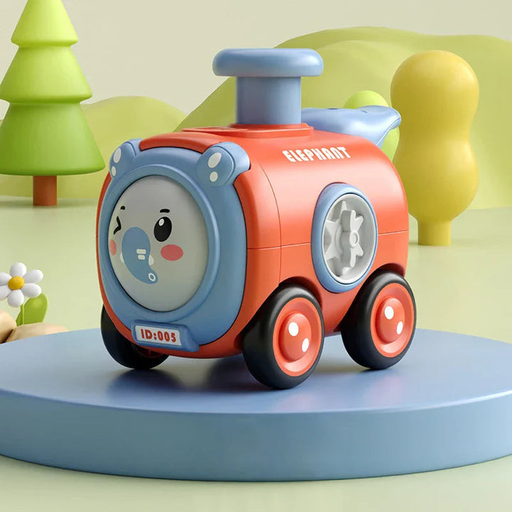 Red and blue elephant toy train with an animal face, wheels, and a blue chimney.