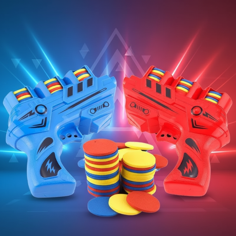 Blue and red foam disc blasters with stacks of red, yellow, and blue discs