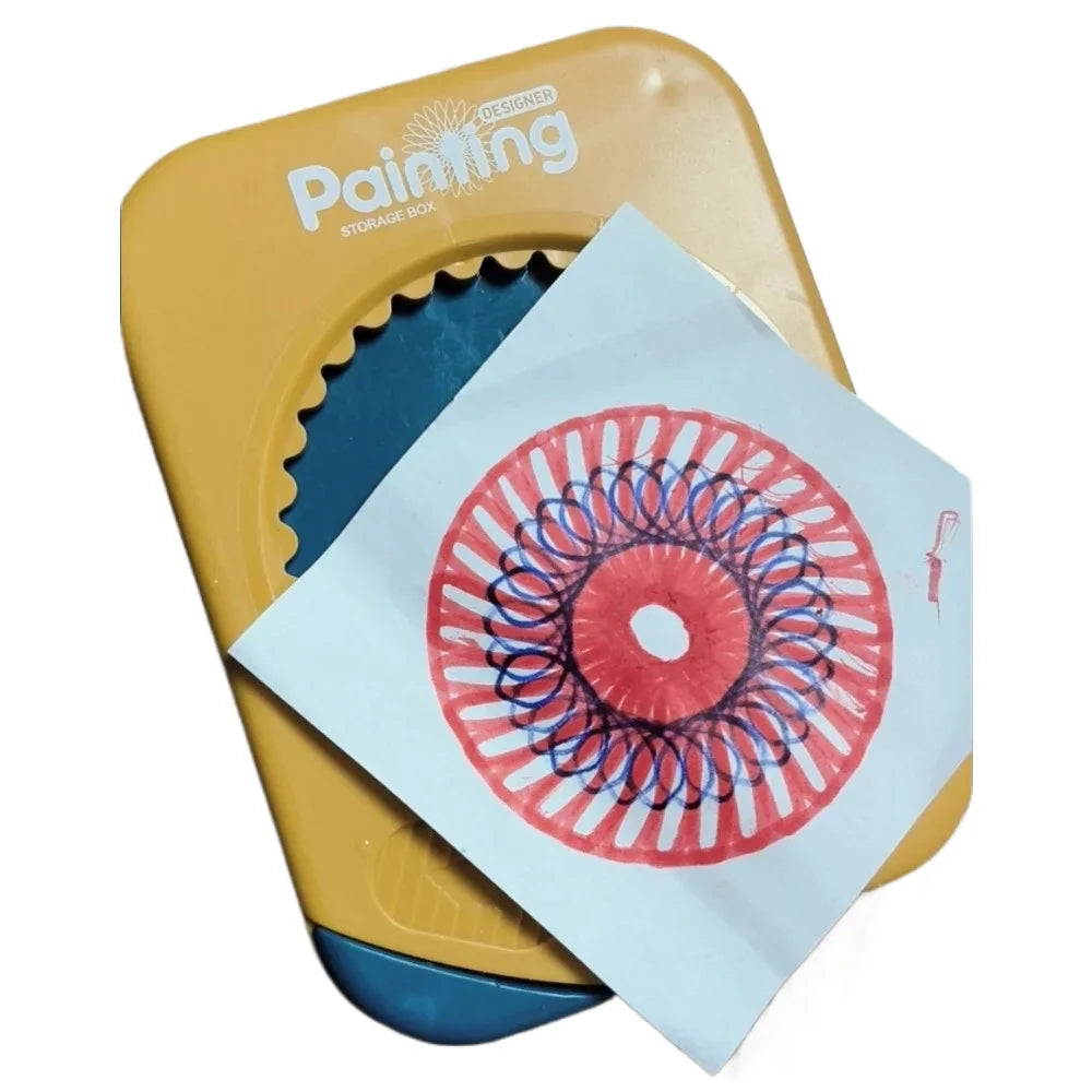 Red and blue looping pattern on paper resting on an open drawing case