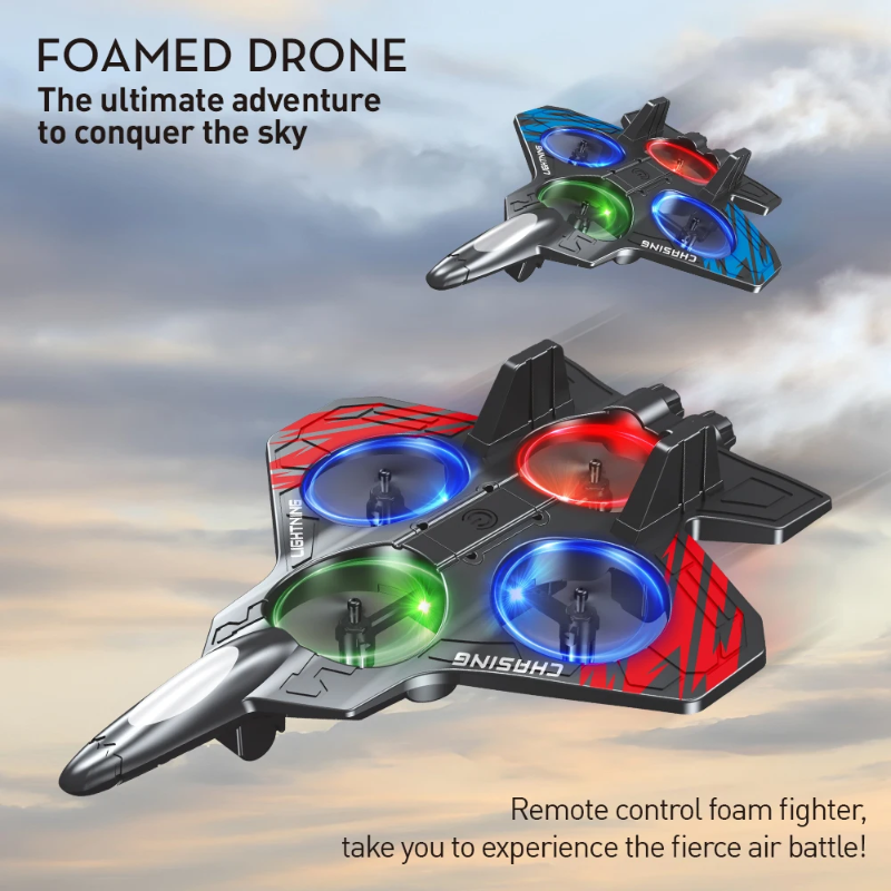 Red and blue RC stunt planes with jet-shaped bodies and four illuminated propeller rings.