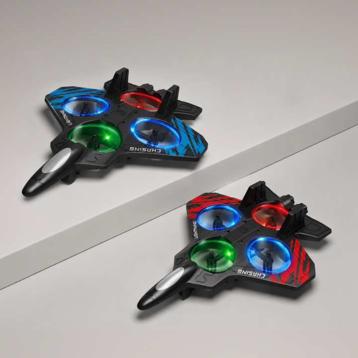 Blue and red RC stunt planes with four propellers and glowing red, blue, and green LED rings.