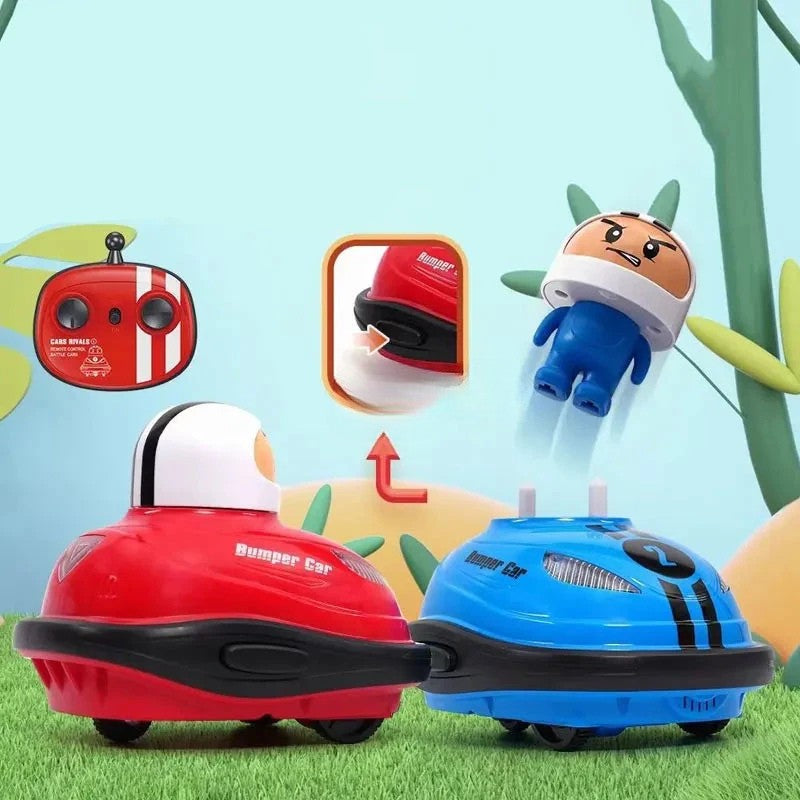 Red and blue RC bumper cars with a helmeted driver popping out after a collision