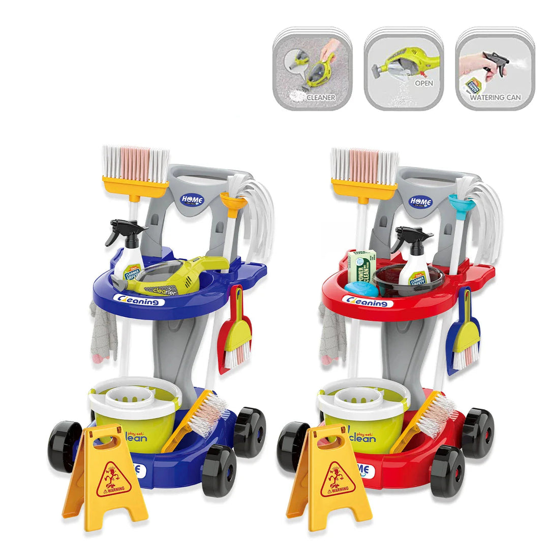 Red and blue toy cleaning trolleys with brooms, mops, buckets, and pretend cleaning accessories