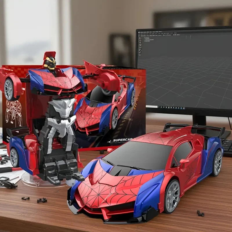 Red-and-blue transforming RC car and robot displayed on a desk beside the box