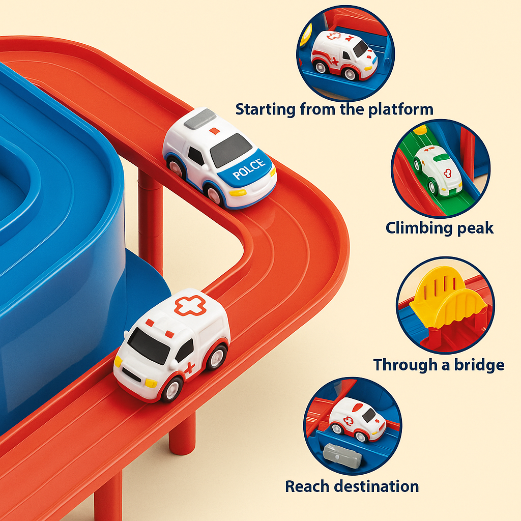 Mini police car and ambulance on a red elevated track with route detail insets