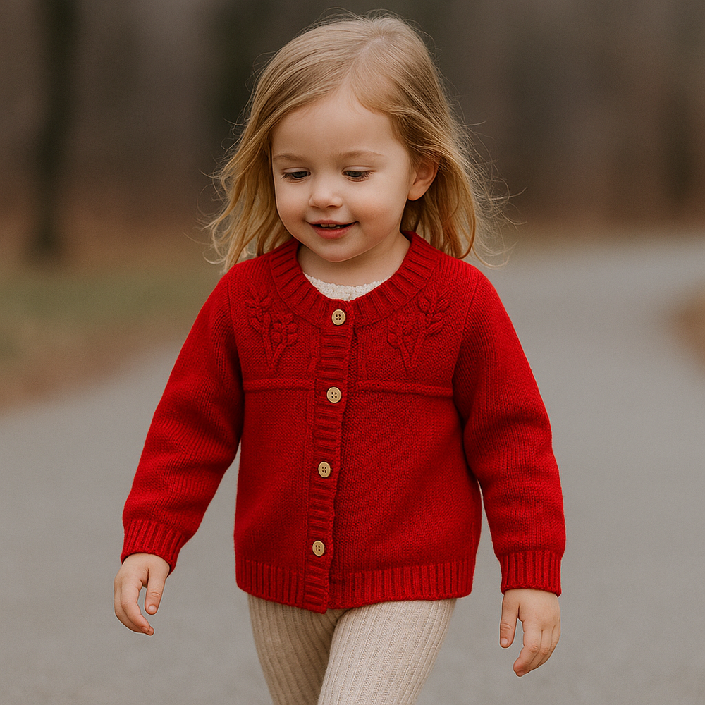 Child walking outdoors in a red round-neck cardigan with a button front