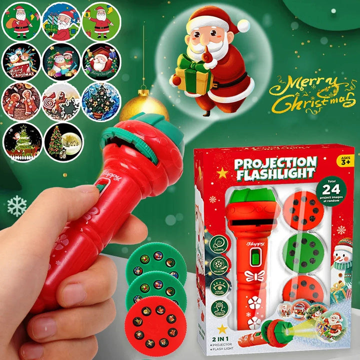 Red Christmas projection flashlight with three picture discs, packaging and a selection of holiday scenes