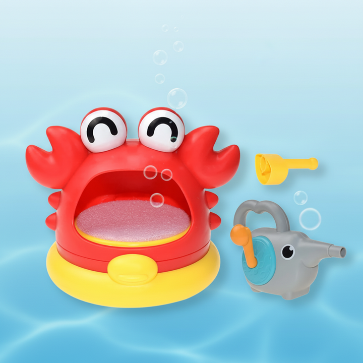 Red crab bubble bath toy with an elephant-shaped crank blower and yellow blowing tube
