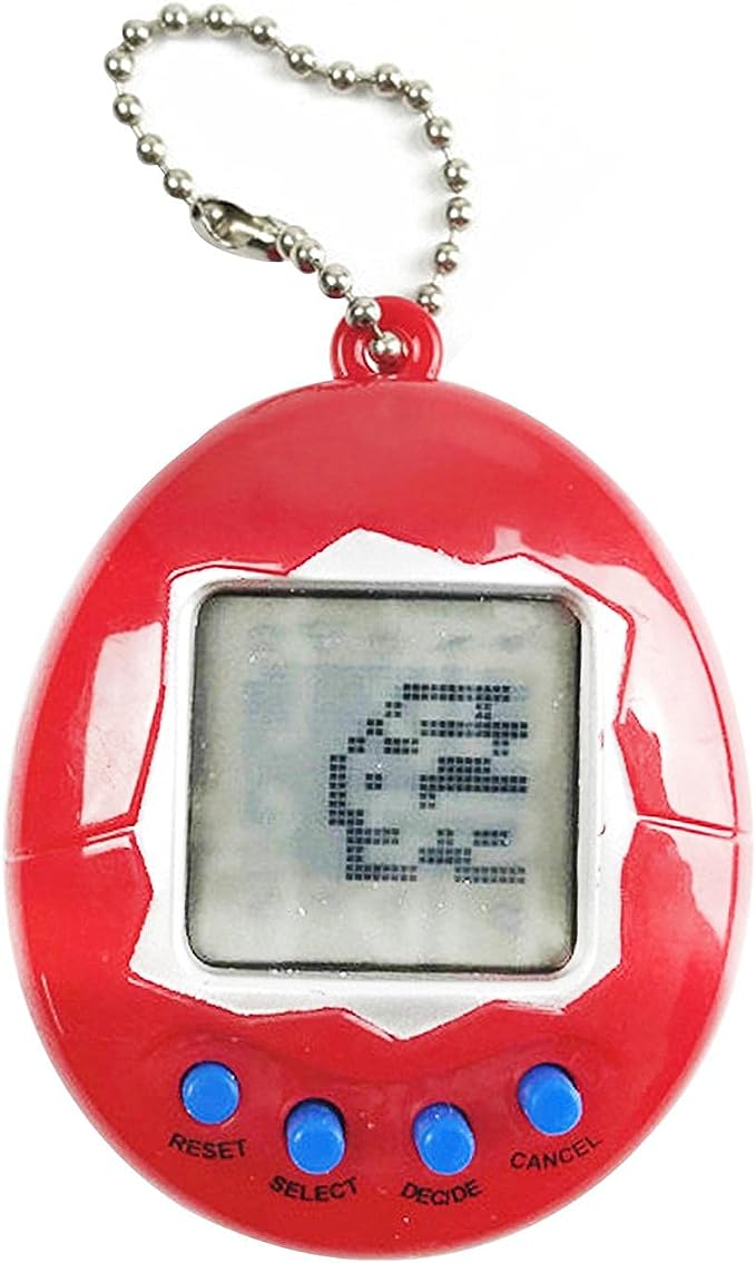 Red digital pet keychain with a pixel character on the screen and four blue buttons.