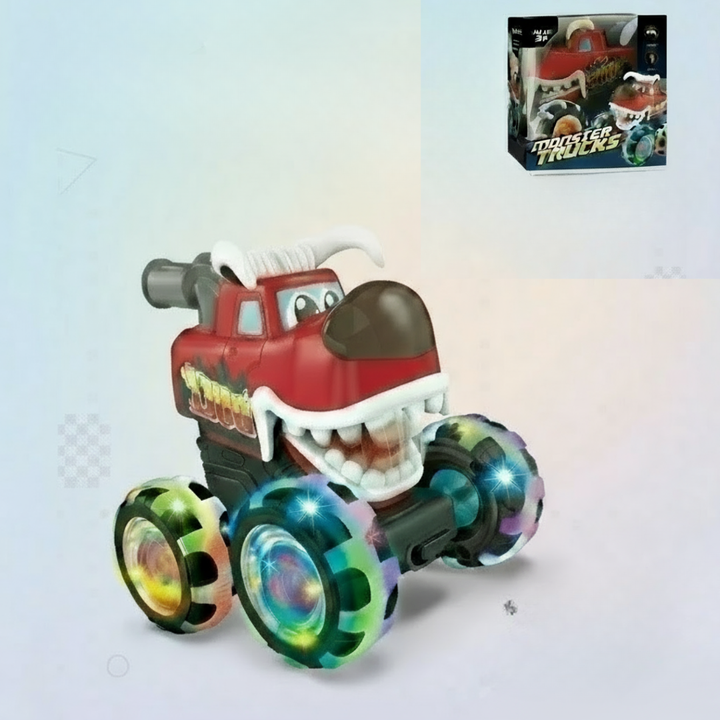 Red dinosaur monster truck with multicolored LED wheels and its retail box