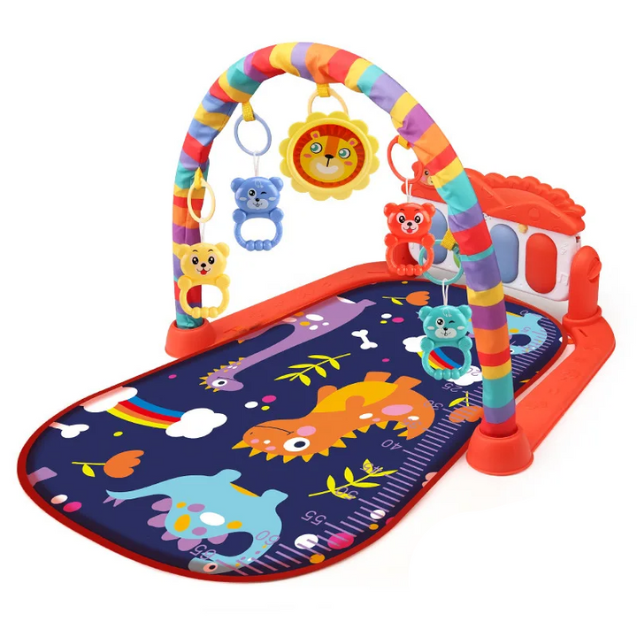 Red dinosaur baby gym with a rainbow-striped arch and hanging animal toys