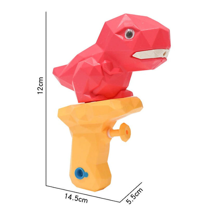 Red dinosaur water gun with measurements of 12 cm, 14.5 cm, and 5.5 cm.