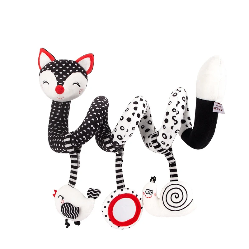 Red-eared fox spiral activity toy with black-and-white patterns, a bird, ring, and snail.