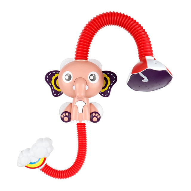 Red elephant bath shower with a curved red hose and cloud-shaped water intake