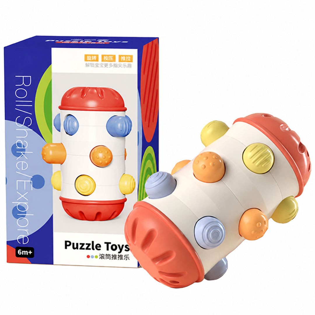 Red-ended sensory roller with raised multicolored buttons beside its retail box