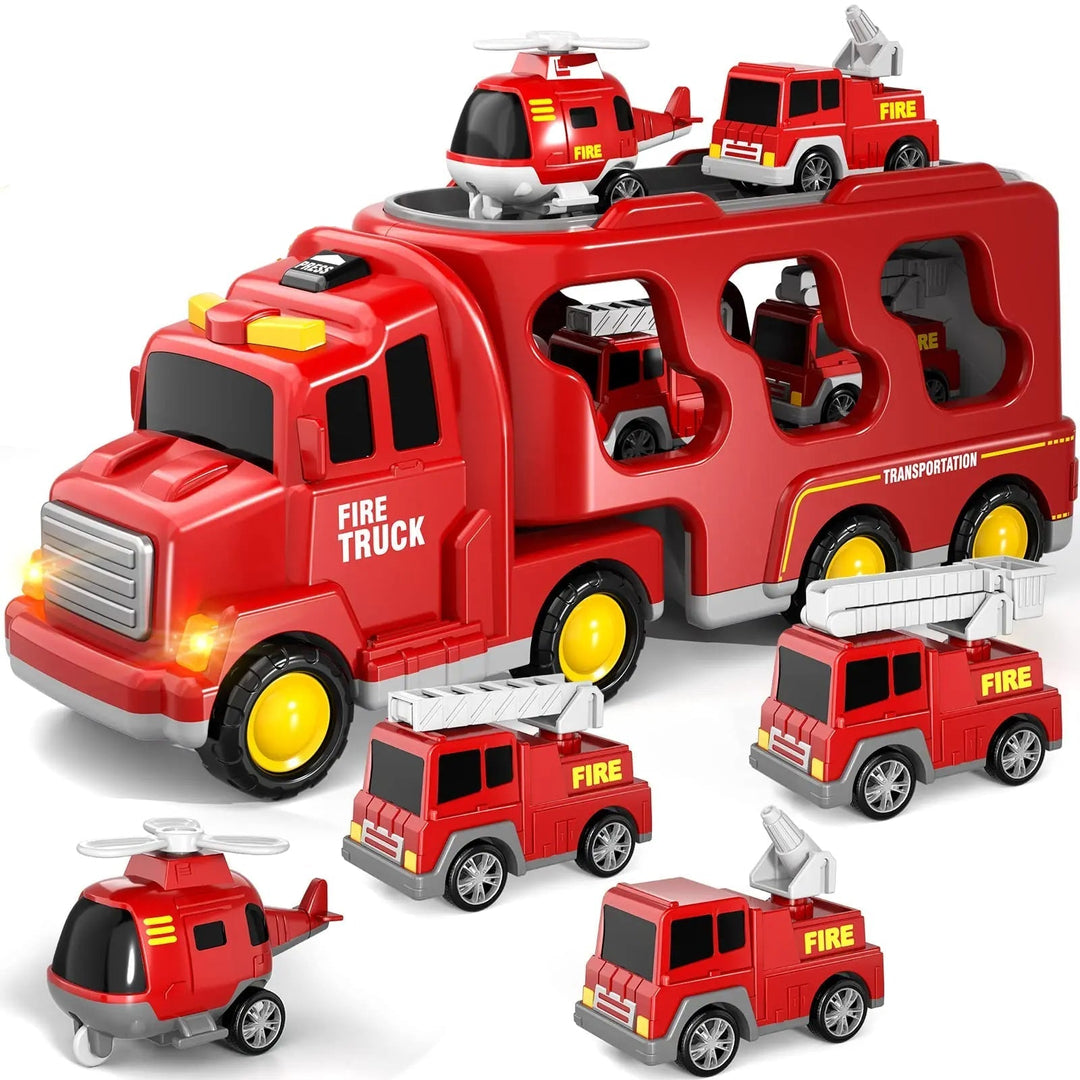 Red toy transporter displayed with fire vehicles and a helicopter