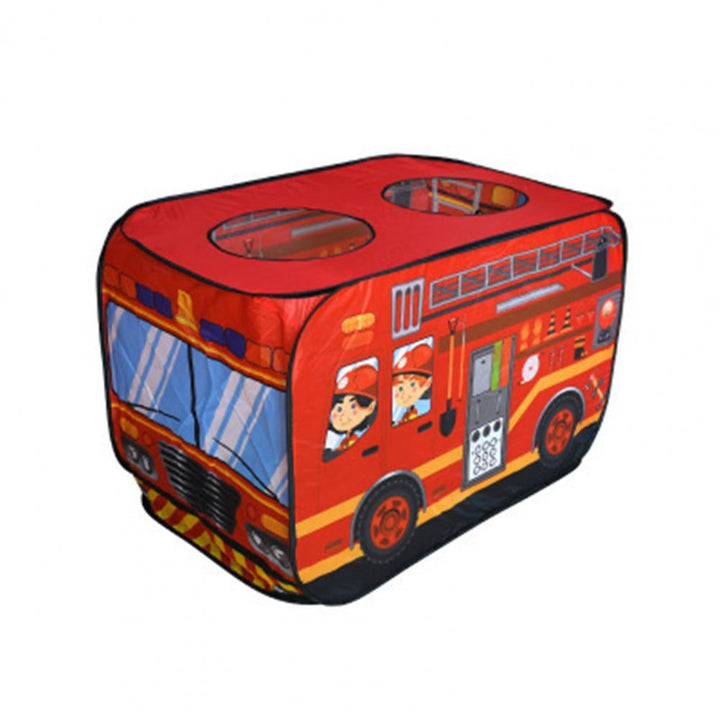 Red fire engine play tent with printed firefighters, ladders, and wheels