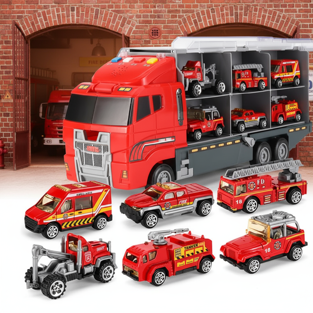 Red fire-themed vehicle carrier with small fire and emergency vehicles.