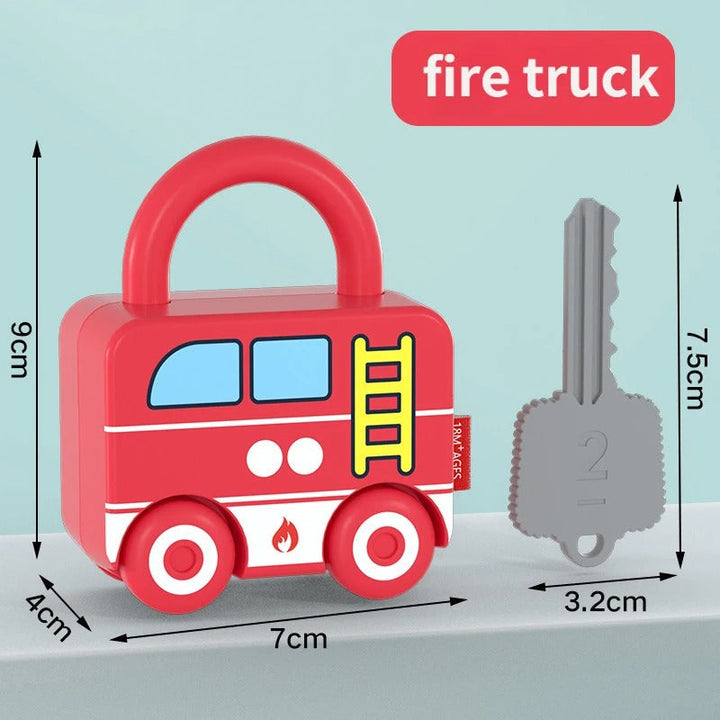 Red fire truck lock with a gray numbered key and measurement arrows.