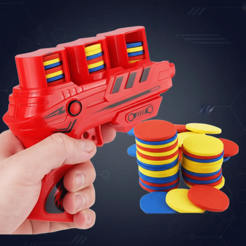 Red foam disc blaster held in one hand beside stacks of colorful foam discs
