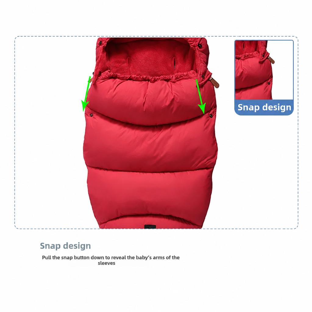 Red stroller footmuff showing snap closures at the sides of the front opening