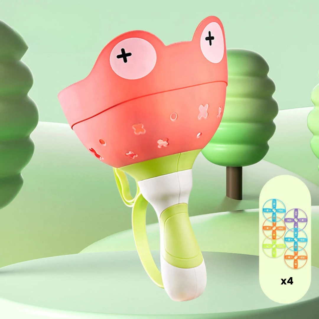 Red frog-shaped disc launcher with an inset showing four discs