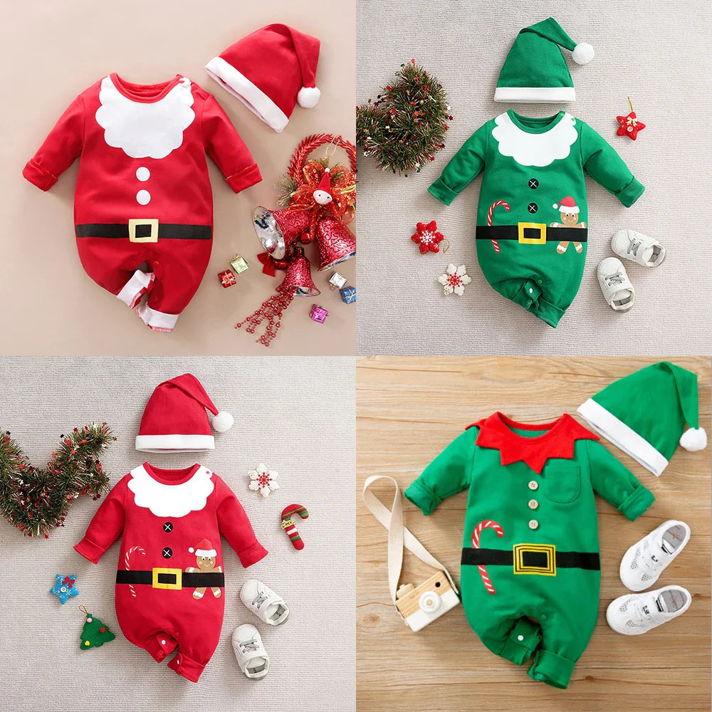 Red and green baby Christmas rompers with Santa and elf details, shown alongside matching hats