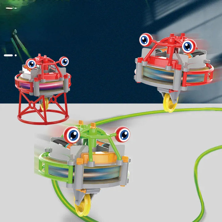 Red and green balancing robots shown in several play positions around a green cord.