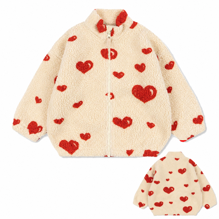 Cream fleece jacket with red hearts, shown from the front and back
