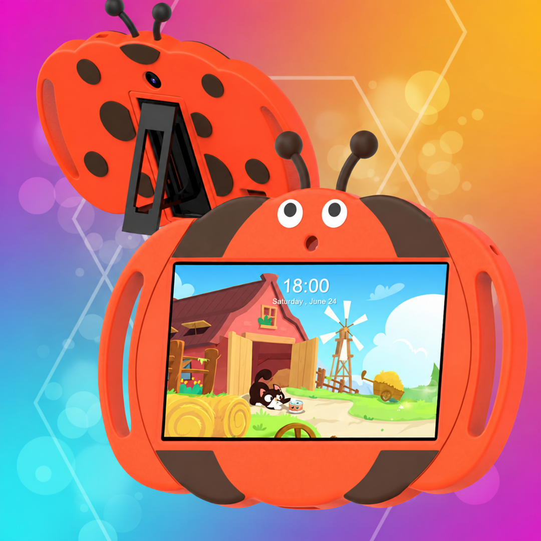Front and back views of the red ladybug tablet with its rear stand extended