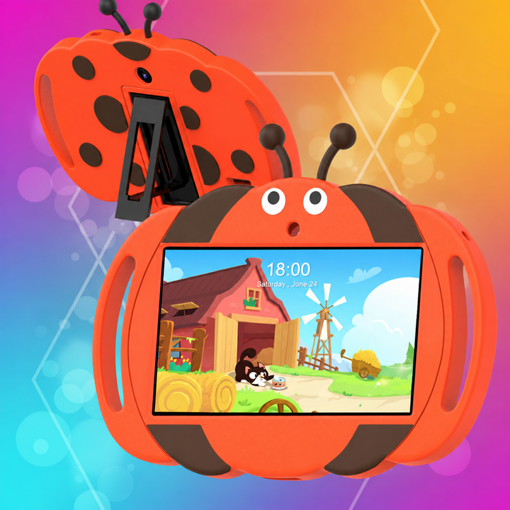 Front and back views of the red ladybug tablet with its rear stand extended