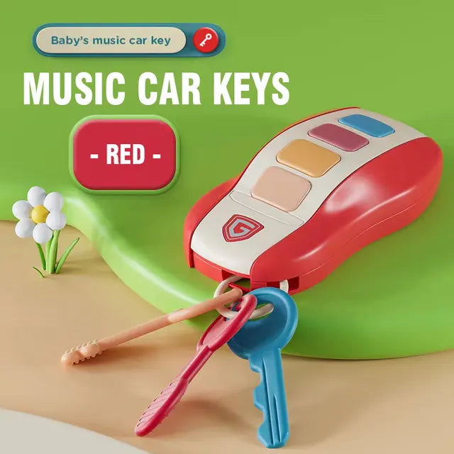 Red musical key fob with four colored buttons and three hanging toy keys