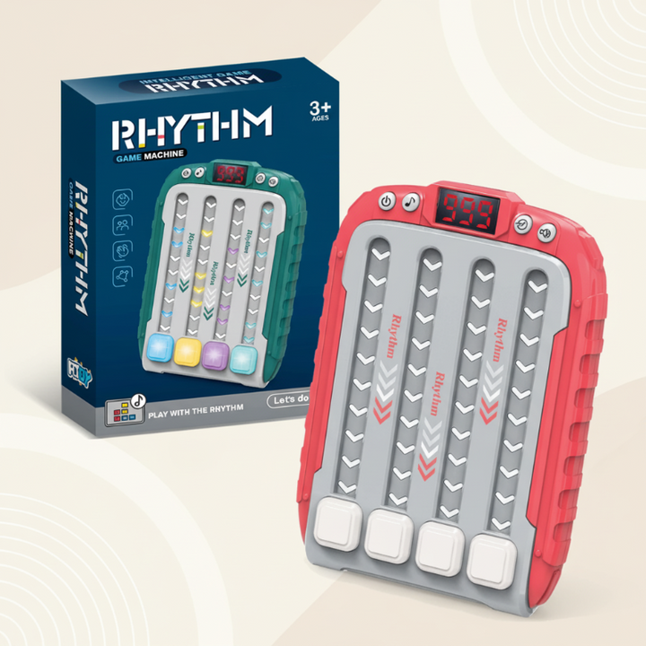 Red musical reflex game standing beside its retail box