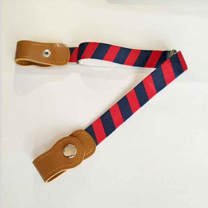 Red and navy diagonal-striped elastic belt with brown snap-on tabs