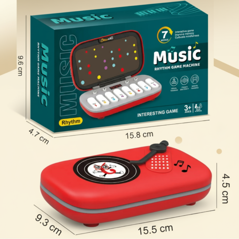 Measurement graphic showing the red piano toy at 15.5 x 9.3 x 4.5 cm and its box dimensions