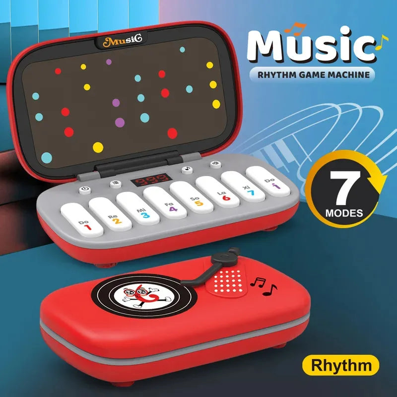 Red piano toy shown open with a colorful light panel and closed with a record-style lid